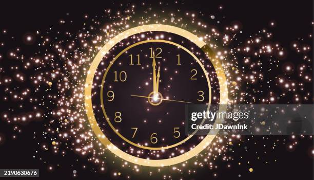 happy new year web banner design clock striking midnight template in gold colors and sparkles of light - time lapse clock stock illustrations