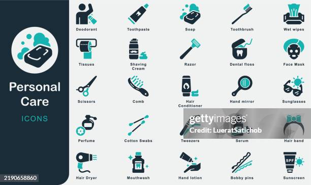 illustrations, cliparts, dessins animés et icônes de collection d’icônes solides de soins personnels. contenant du savon, un bain de bouche, du fil dentaire, de la sécurité, une brosse à dents, une beauté, un dentifrice, nettoyer, un sérum, des soins de santé, un masque facial, un revitalisant pour - shampooing