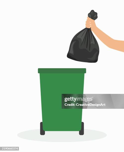 hand throwing away garbage bag into trash bin. environmental conservation concept - bin bag stock illustrations