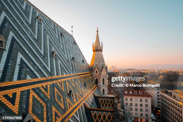 vienna city view at sunset from st stephen's cathedral, vienna, austria - cathedral stock pictures, royalty-free photos & images