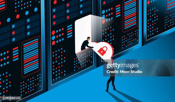 hackers stealing cloud archive from server illustration - data breach stock illustrations