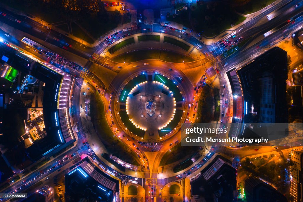 Marquis Of Pombal Square Amidst Roofed Houses In City at Night, Above top Drone View