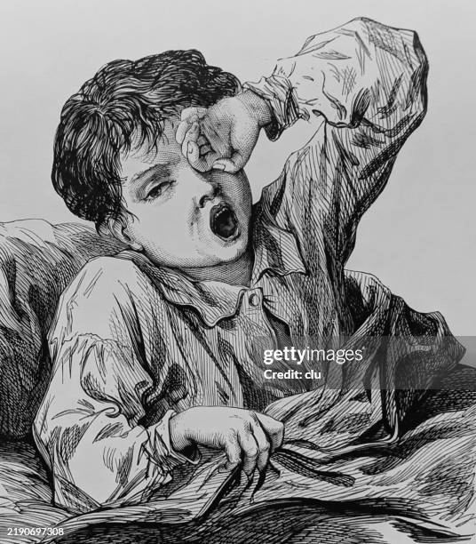 boy in bed in the morning stands up and yawns - yawning stock illustrations