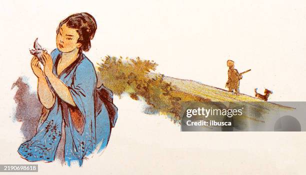 antique image from french magazine, japanese story - traditional japanese painting stock illustrations