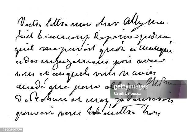 antique image from french magazine, handwriting, madame d'houdetot - french language stock illustrations
