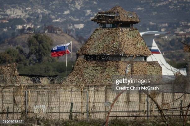 Russian military lookout tower is seen at Hmeimim air base on December 19, 2024 in Latakia, Syria. The port city of Latakia on Syria's Mediterranean...