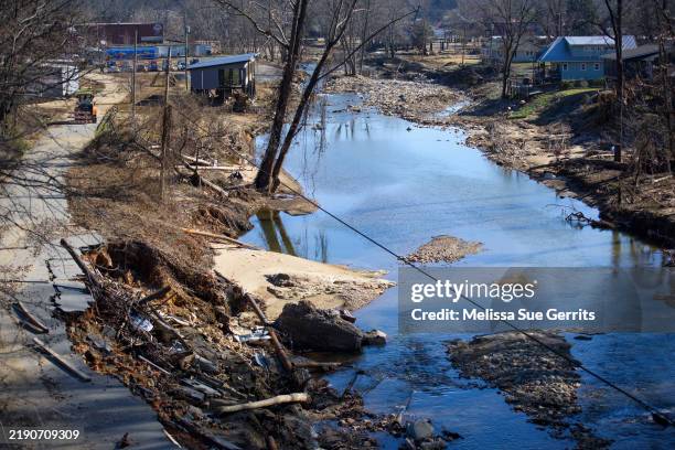 Debris and destruction from Hurricane Helene is seen on December 23, 2024 in Old Fort, North Carolina.