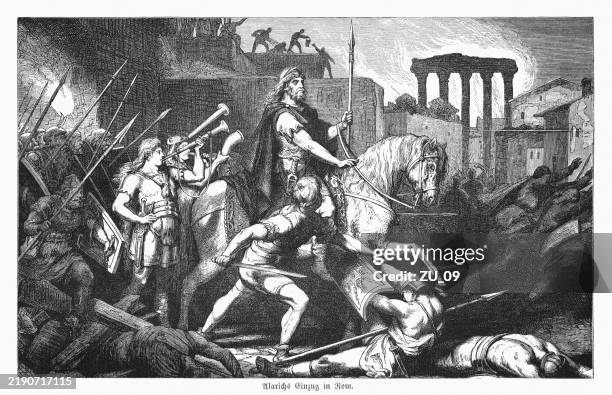 alaric sacks rome in 410 ad, wood engraving, published 1883 - goth stock illustrations