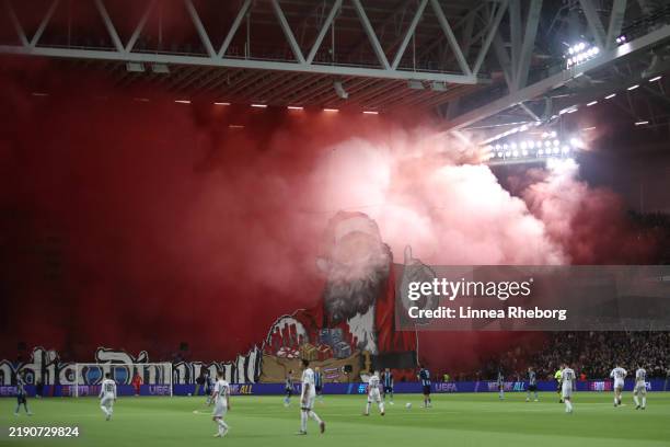 General view inside the stadium, as Djurgarden fans set of smoke flares, in the stands during the UEFA Conference League 2024/25 League Phase MD6...