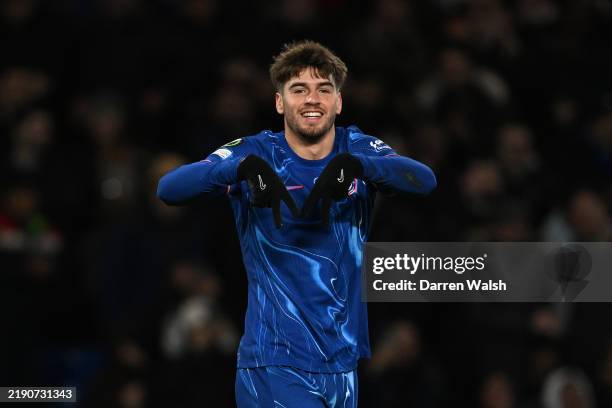 Marc Guiu of Chelsea celebrates scoring his team's first goal during the UEFA Conference League 2024/25 League Phase MD6 match between Chelsea FC and...