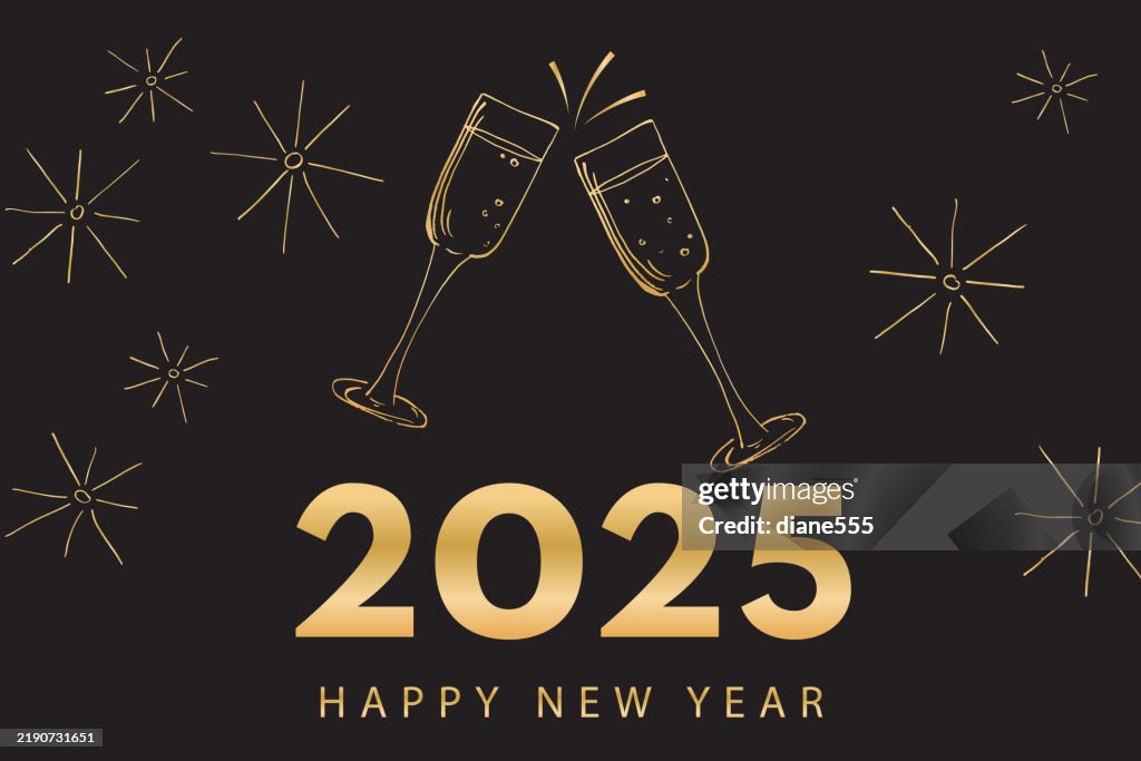 Estandarte de celebración de feliz año nuevo con champán y fuegos artificiales
