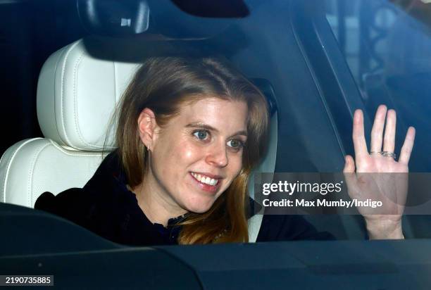 Princess Beatrice attends a Christmas Lunch for members of the Royal Family hosted by King Charles III at Buckingham Palace on December 19, 2024 in...