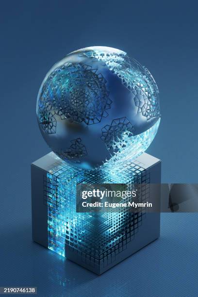 glass sphere floating above a glowing cube emitting light beams - artificiell generell intelligens bildbanksfoton och bilder