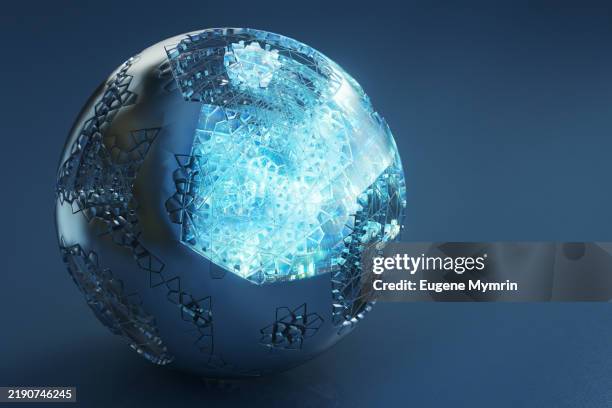 complex metallic sphere emitting blue light, symbolizing artificial intelligence - artificiell generell intelligens bildbanksfoton och bilder