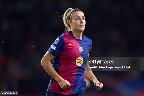 Alexia Putellas of FC Barcelona celebrates after scoring her team's third goal during the UEFA Women's Champions League match between FC Barcelona...