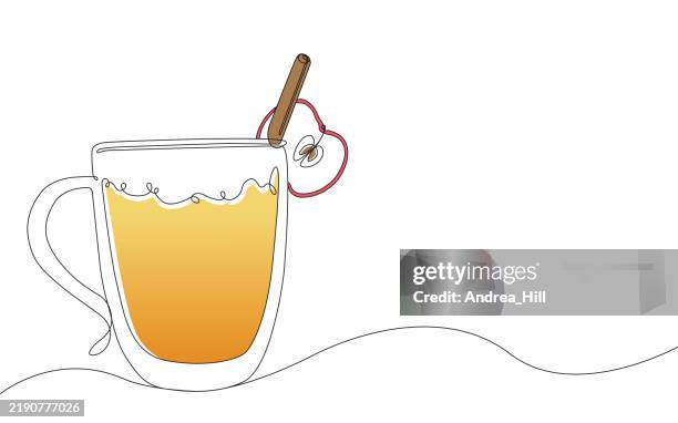 hot cup of apple cider continuous single line drawing vector illustration - apple juice stock illustrations