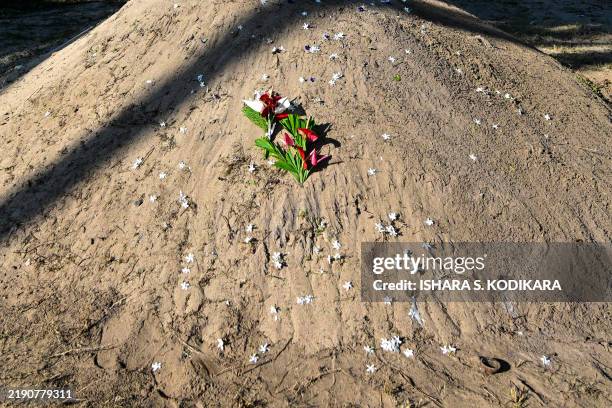 Flowers are pictured on a mass grave of people who lost their lives in the 2004 Indian Ocean tsunami, in Peraliya on December 26 the 20th anniversary...