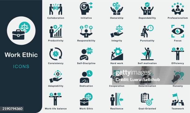 ilustraciones, imágenes clip art, dibujos animados e iconos de stock de colección de iconos sólidos de work ethic. que contenga iniciativa, enfoque, dedicación, autodisciplina, confiabilidad, cooperación, orientación a objetivos, responsabilidad, productividad, integridad, honestidad, propiedad - flexibilidad