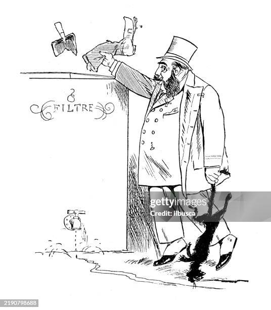 antique image from french magazine - guy-throwing-out-garbage-drawing stock illustrations