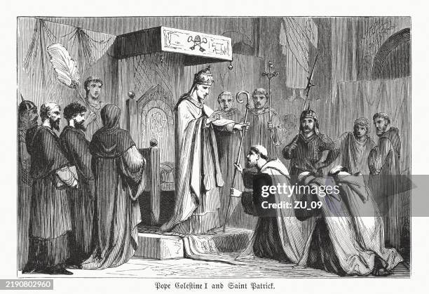 illustrations, cliparts, dessins animés et icônes de le pape célestin bénit saint patrick, gravure sur bois, publiée en 1883 - male catholic saints