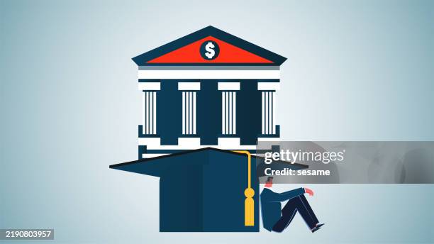 ilustraciones, imágenes clip art, dibujos animados e iconos de stock de costos de educación o capacitación, préstamos estudiantiles, altos costos de préstamos educativos o deudas estudiantiles, grandes bancos que mantienen bajos los límites de graduación - pago de matrícula