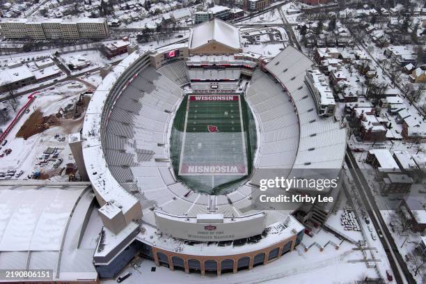 General overall aerial view of the Camp Randall Stadium and UW Field House at the University of Wisconsin in the snow on December 19, 2024 in...