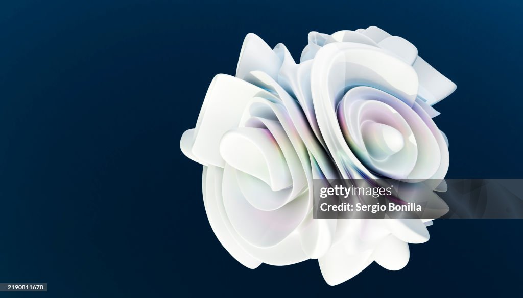 White abstract floral design with subtle colors against a dark blue background