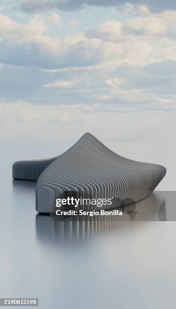 minimalist designed structure resembling a ripple on water set against a tranquil sky backdrop - appliance installation stock illustrations