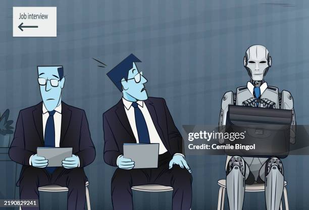 humanoid ai robot waiting for a job interview - interview waiting room stock illustrations