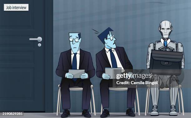 business people and humanoid ai robot sitting and waiting for a job interview - interview waiting room stock illustrations