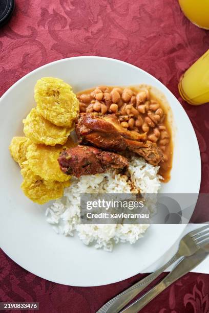 la bandera dominicana, alimento básico en república dominicana - república dominicana fotografías e imágenes de stock