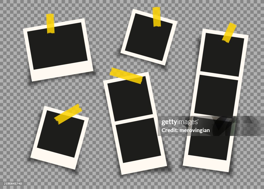 Photo frame collection with sticky tapes on transparent background