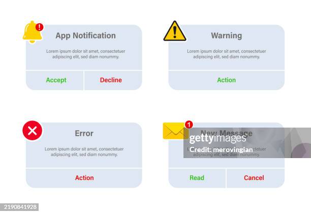 symbolsatz für warnbenachrichtigungen, benutzeroberfläche - wachsamkeit stock-grafiken, -clipart, -cartoons und -symbole