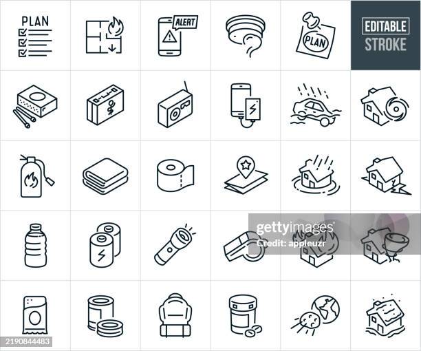 bildbanksillustrationer, clip art samt tecknat material och ikoner med emergency preparedness and natural disasters thin line icons - editable stroke - icons include emergency supplies, emergency plan, survival supplies, alert, evacuation route, radio, water, food, natural disaster, flood, hurricane, earthquake, house fire, - olyckor och katastrofer
