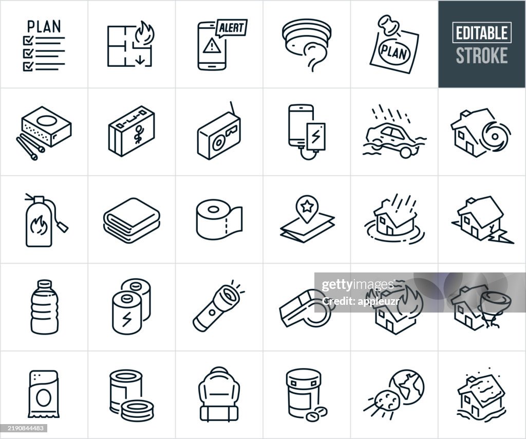 Emergency Preparedness And Natural Disasters Thin Line Icons - Editable Stroke - Icons Include Emergency Supplies, Emergency Plan, Survival Supplies, Alert, Evacuation Route, Radio, Water, Food, Natural Disaster, Flood, Hurricane, Earthquake, House Fire,