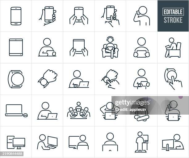 bildbanksillustrationer, clip art samt tecknat material och ikoner med computers and devices thin line icons - editable stroke - icons include people working on a computer, using smartphone, using tablet pc, wearing smartwatch, scrolling, touchscreen, holding, viewing content, laptop computer, person, business person - surfplatta