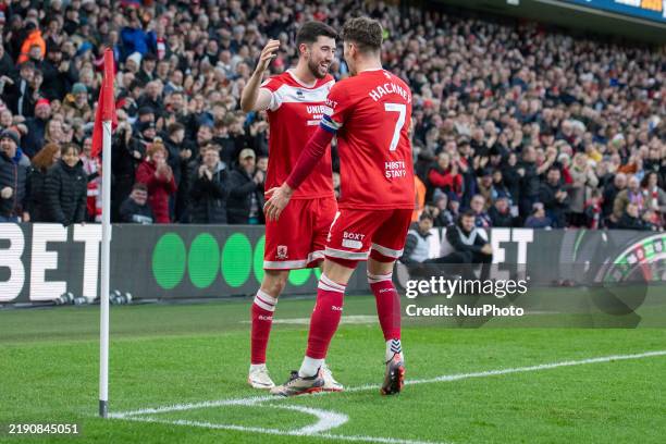 Finn Azaz of Middlesbrough scores the third goal of the game and celebrates during the Sky Bet Championship match between Middlesbrough and Sheffield...