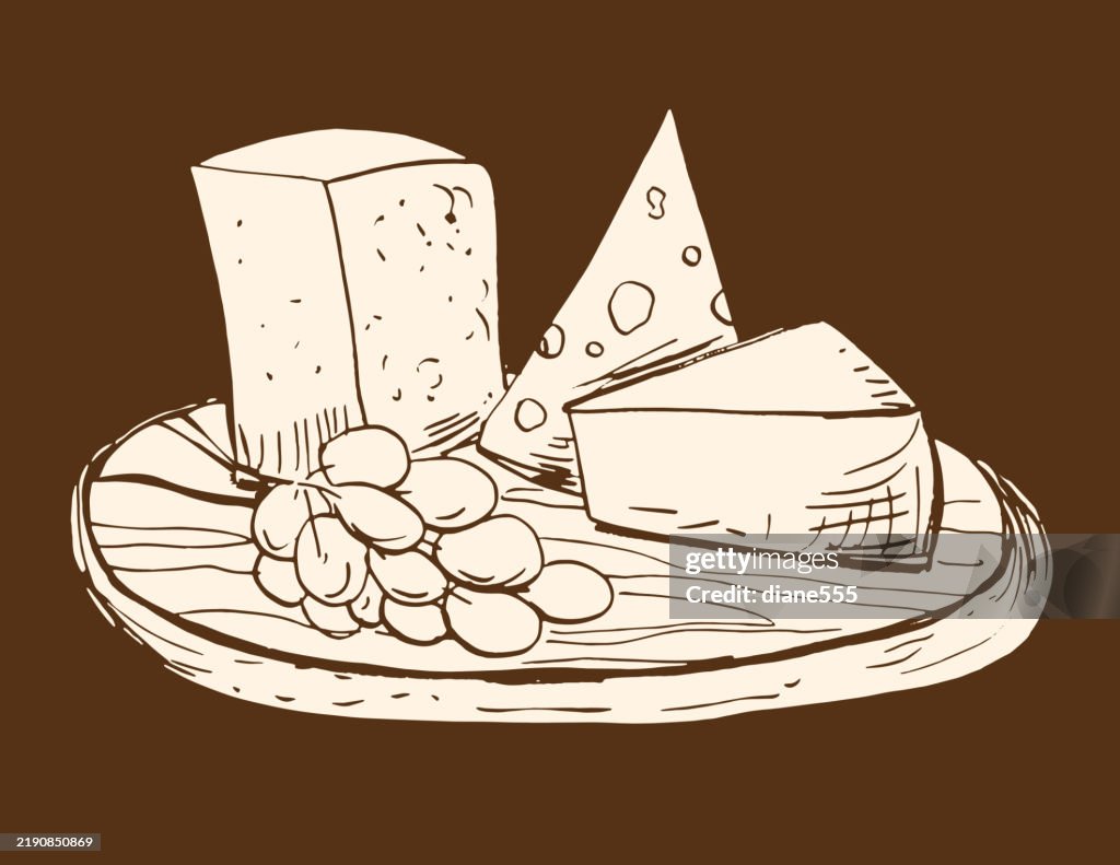 Cheese & Grapes Board Isolated On A Brown Background