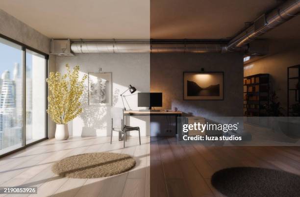 day and night split screen of modern minimalist workspace - day and night scene stock pictures, royalty-free photos & images