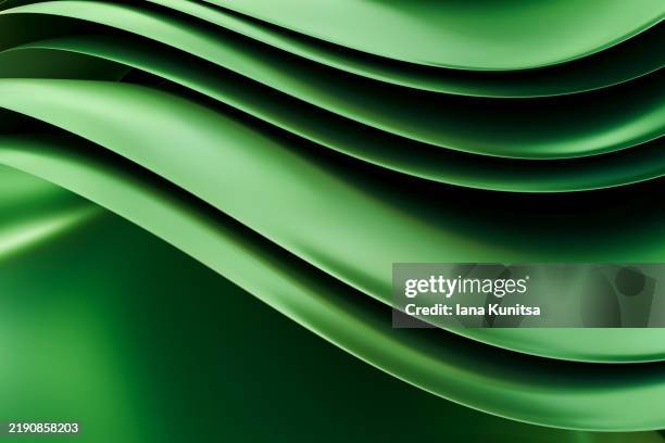 abstract wavy layered glossy green background. beauty 3d nature pattern. design element. geometric composition. concept of ecology, environmental protection. - stereoscopic image stock pictures, royalty-free photos & images