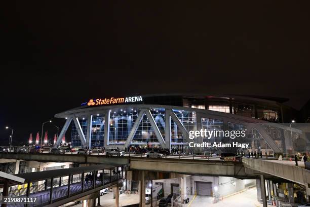 An exterior view of the venue before an NBA basketball game between the Chicago Bulls and the Atlanta Hawks on December 26, 2024 at State Farm Arena...