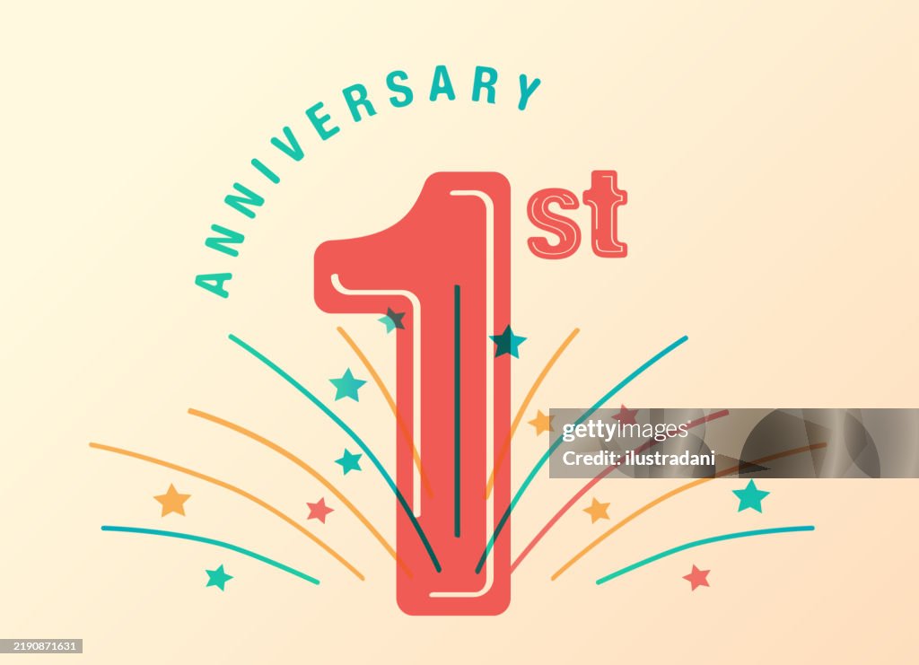 Red 1st anniversary logo with fireworks in color overlay