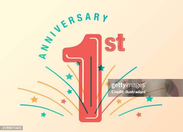 red 1st anniversary logo with fireworks in color overlay - happy 1st anniversary stock illustrations