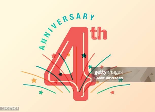 red 4th anniversary logo with fireworks in color overlay - four levels stock illustrations