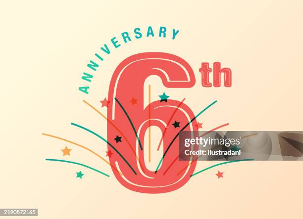 red 6th anniversary logo with fireworks in color overlay - decorative numbers stock illustrations