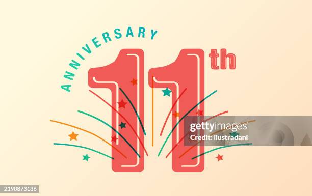 red 11th anniversary logo with fireworks in color overlay - number 11 stock illustrations