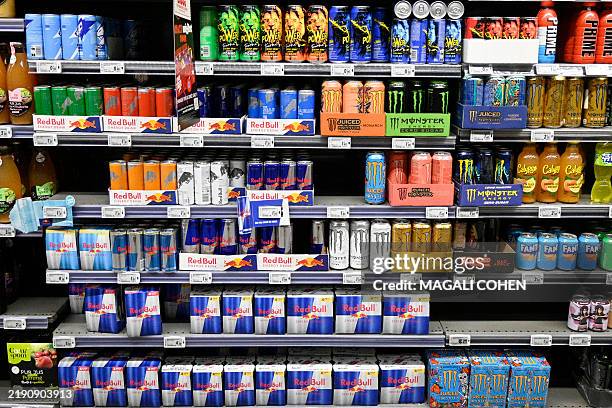 Red bull and other energy drinks in a shelves of a supermarket, in Bourgueil, on December 26, 2024.