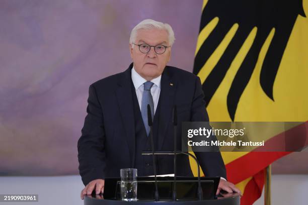 German President Frank-Walter Steinmeier speaks to the media after formally dissolving Germany's parliament on December 27, 2024 in Berlin, Germany....