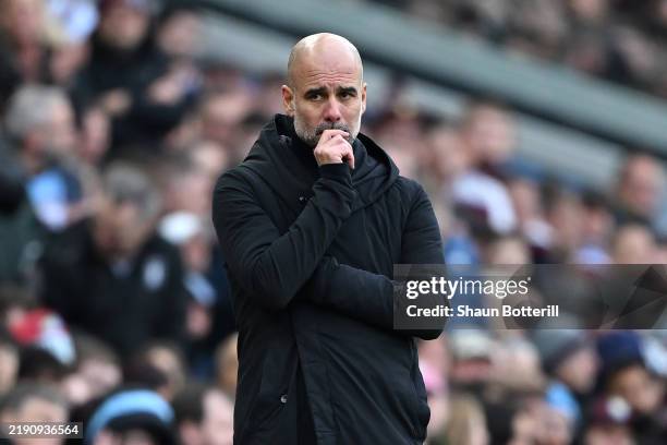 Pep Guardiola, Manager of Manchester City, reacts during the Premier League match between Aston Villa FC and Manchester City FC at Villa Park on...