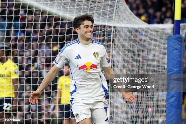 Daniel James of Leeds United celebrates scoring his team's first goal during the Sky Bet Championship match between Leeds United FC and Oxford United...